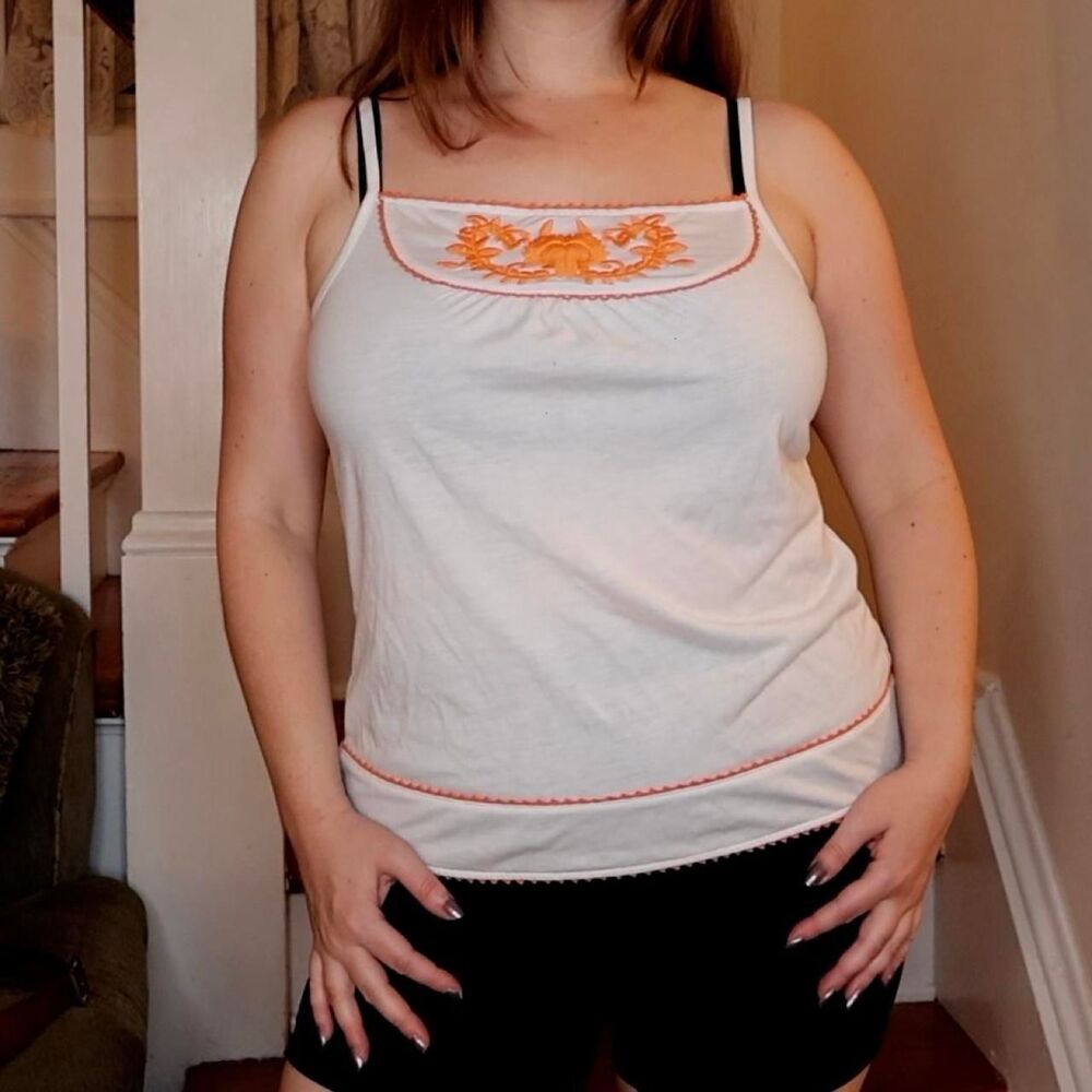 White Orange Embroidered Tank Sz Medium Y2K Boho Nostalgic Keyhole Bohemian Cami